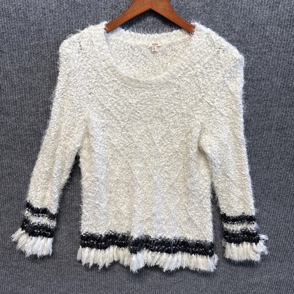 Reba Womens‎ Sweater Ivory Navy XL Fuzzy Fringe Soft Polyester Blend Knotty